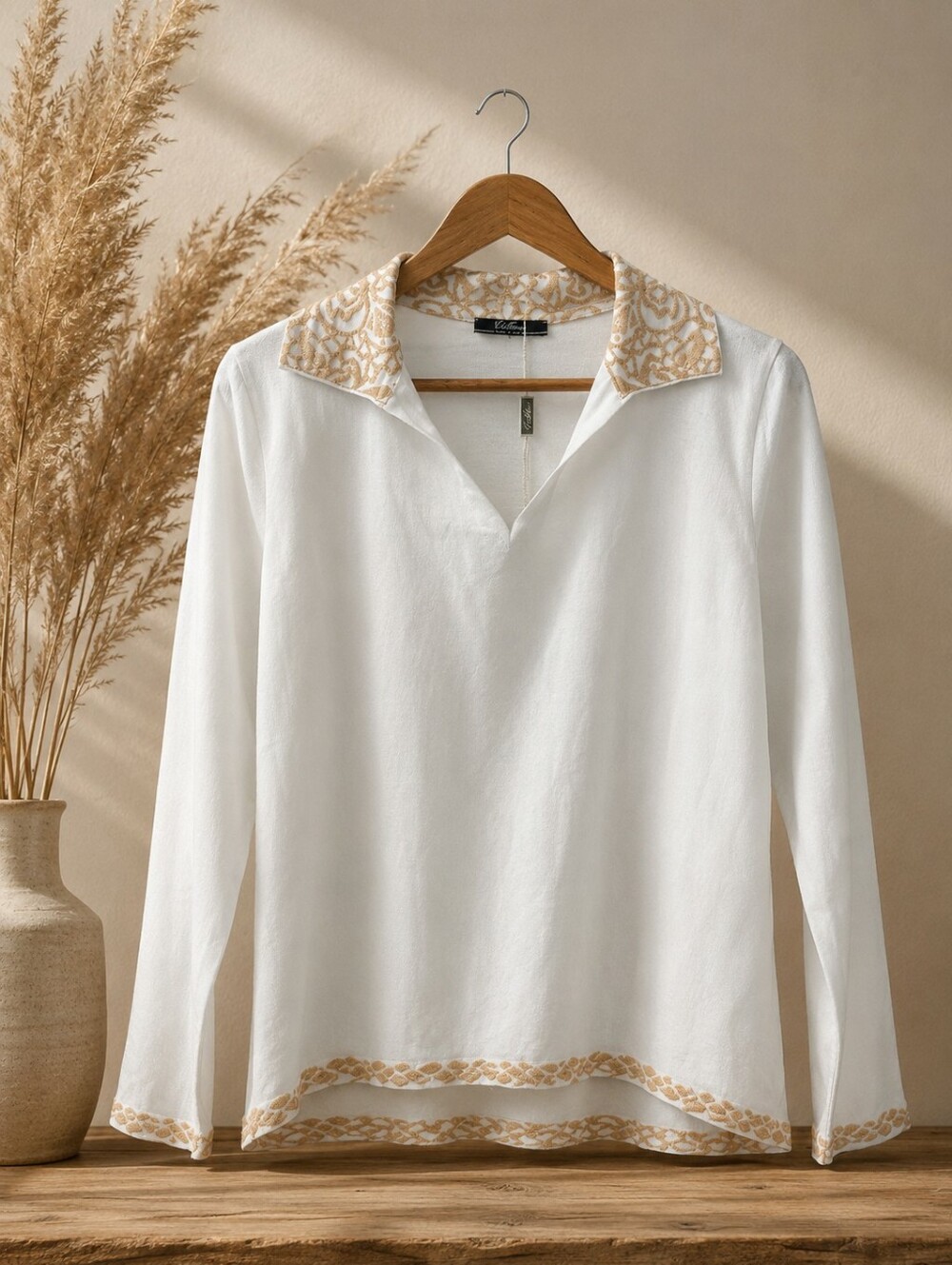 Embroidered Collar Long-Sleeve Women's Top - White with Beige Trim